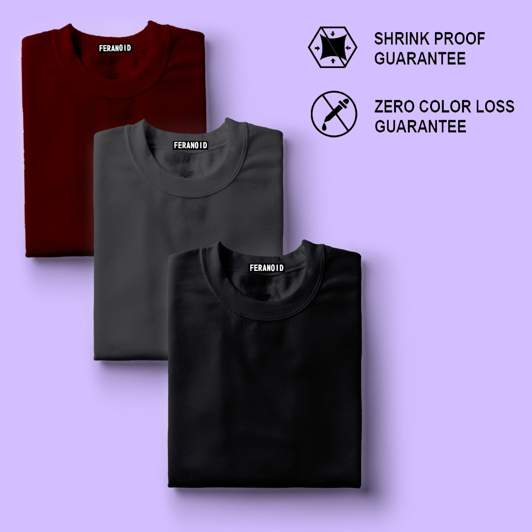Plain Pack Of 3 T-Shirts : Maroon Grey Black