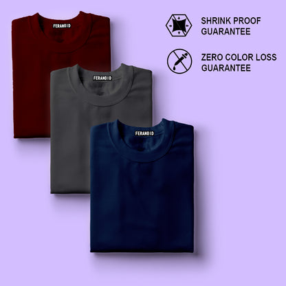 Plain Pack Of 3 T-Shirts : Maroon Grey Blue