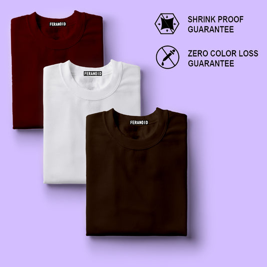 PLAIN PACK OF 3 T-SHIRTS : MAROON WHITE BROWN