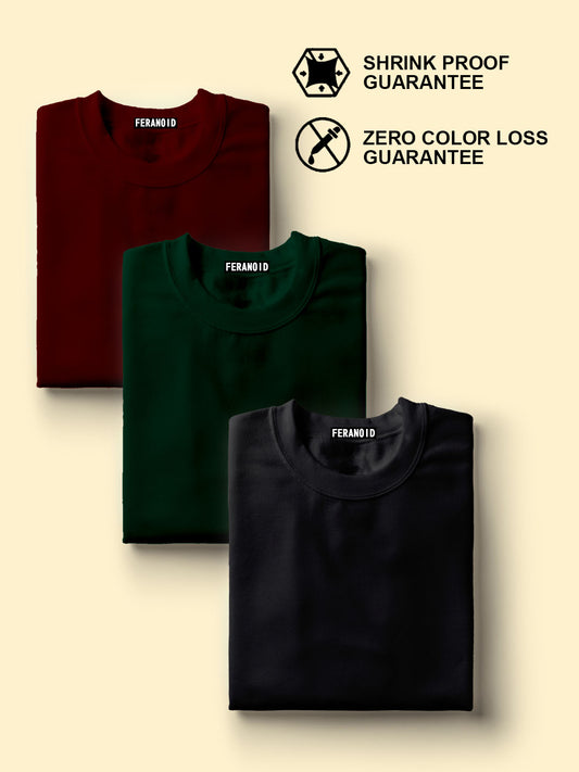 Plain Pack Of 3 T-Shirts-Black,Green,Maroon