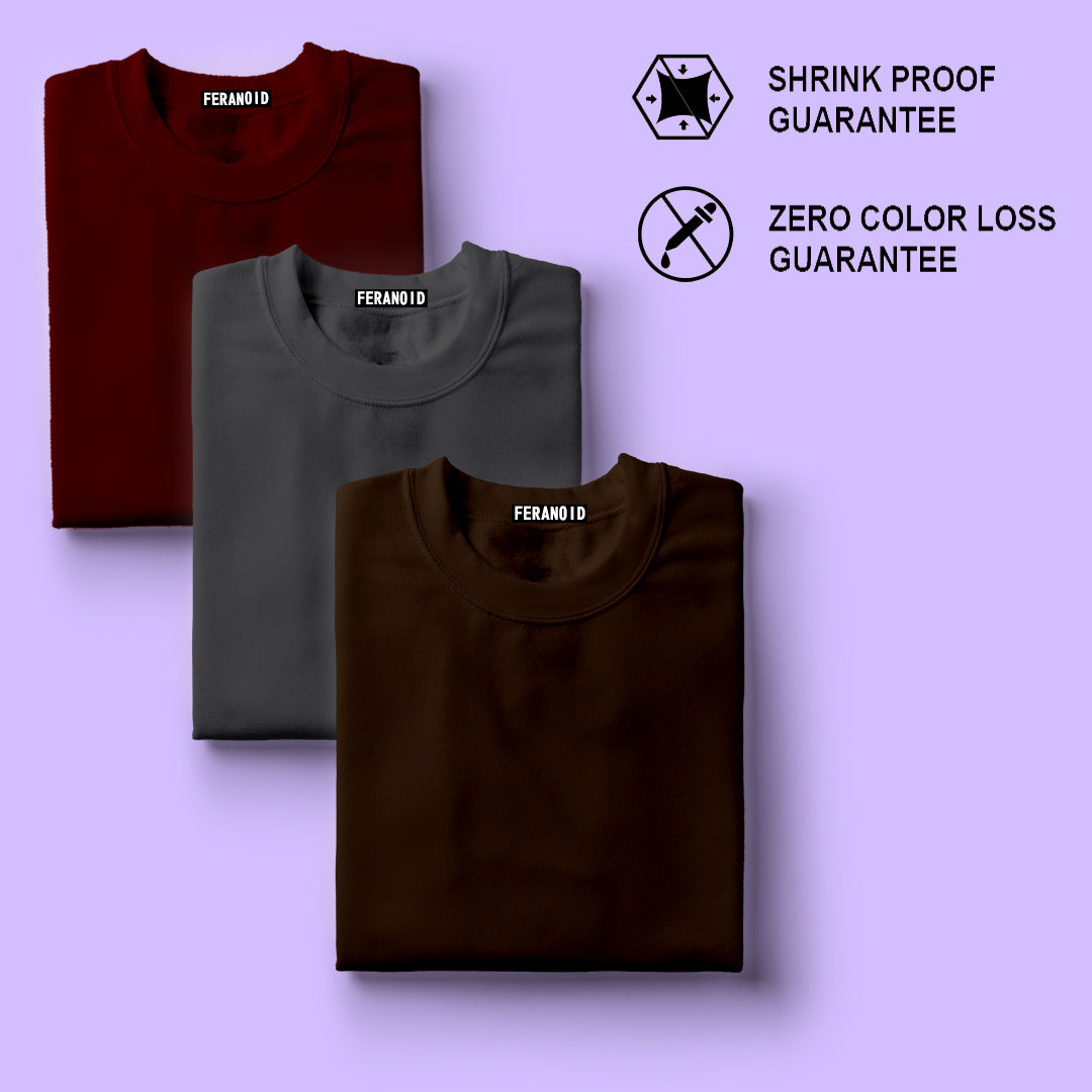 Plain Pack Of T-Shirts : Maroon Grey Brown