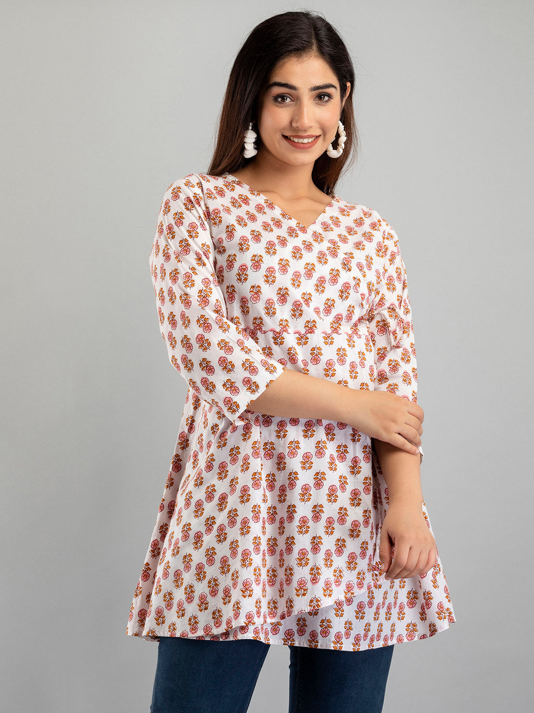 COTTON PRINTED WHITE SHORT TUNIC