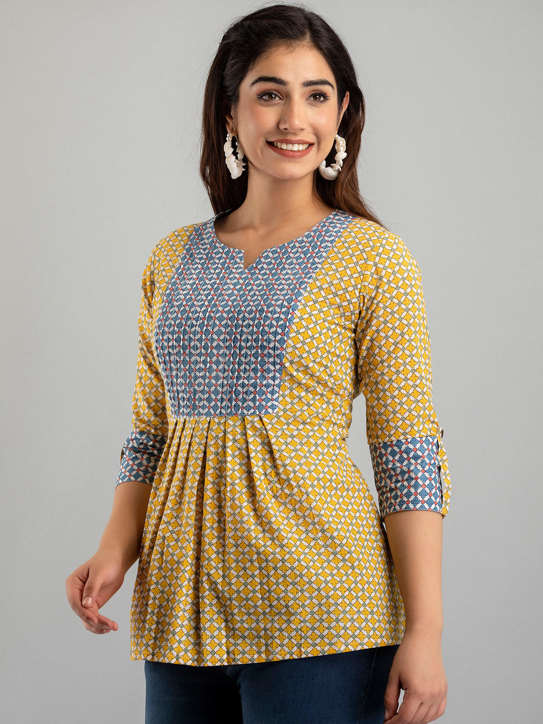 WOMEN YELLOW COTTON PRINTED A-LINE KURTI