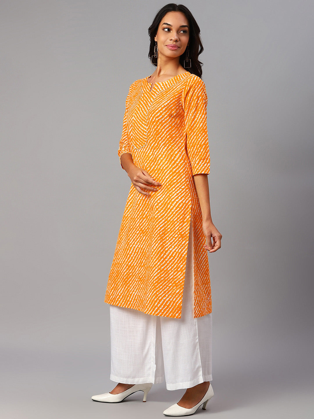 WOMEN YELLOW LEHERIYA YOKE DESIGN COTTON KURTI