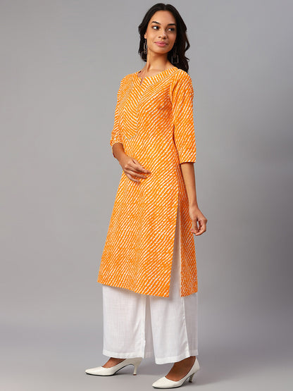 WOMEN YELLOW LEHERIYA YOKE DESIGN COTTON KURTI