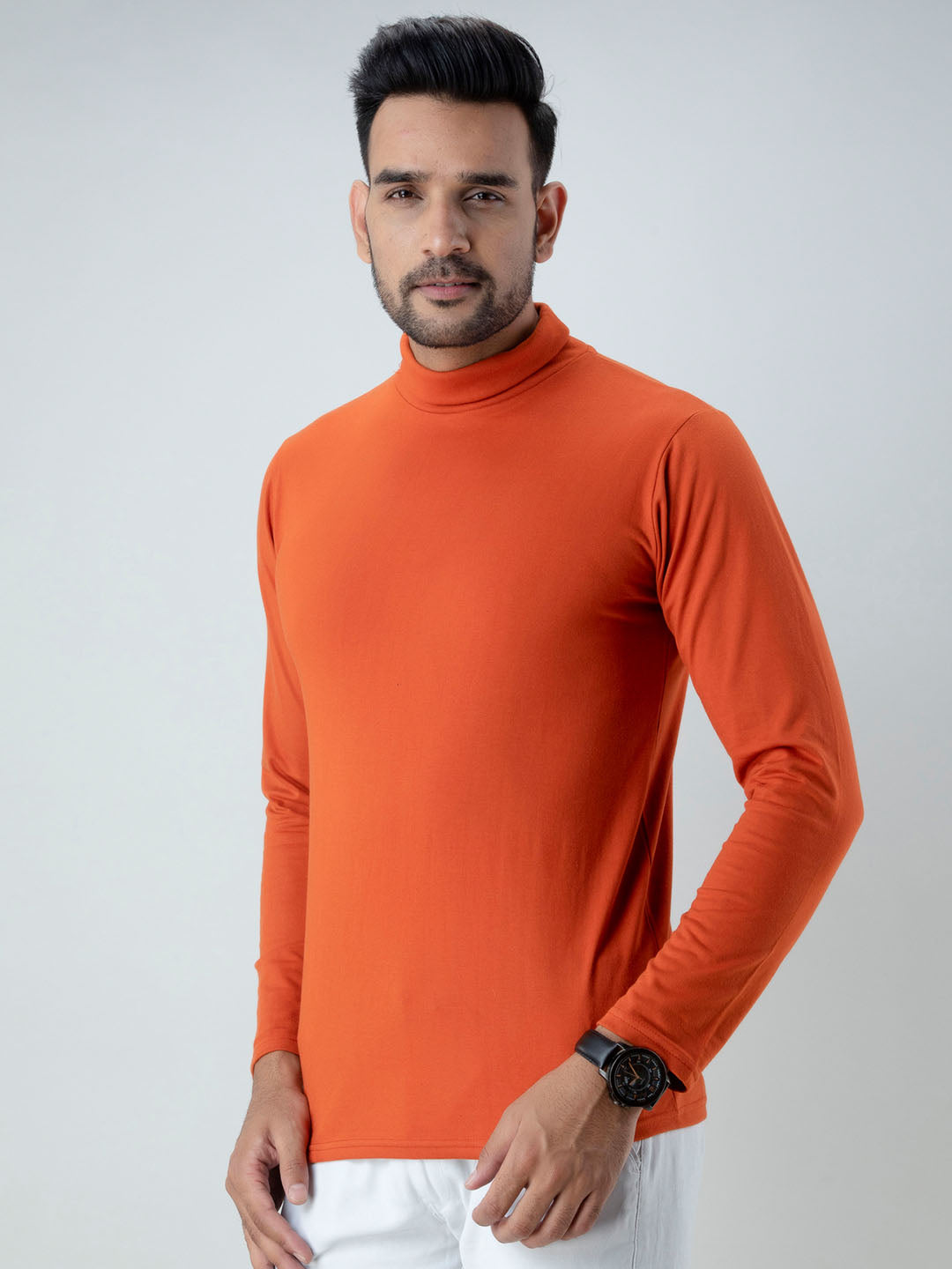 Plain Rust Brown High Neck Full Sleeves T-Shirt