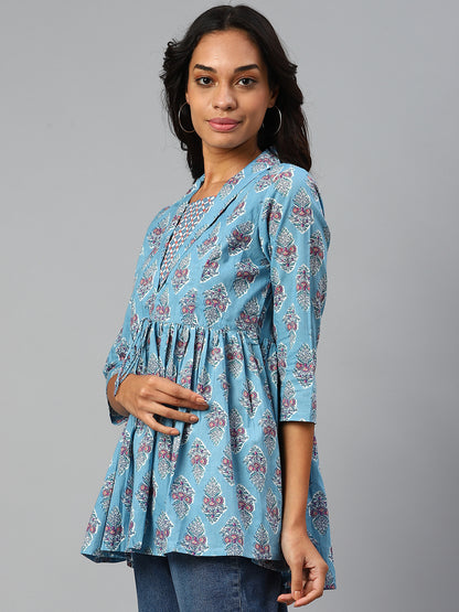 WOMEN BLUE COLLARED PRINTED FLARED KURTI